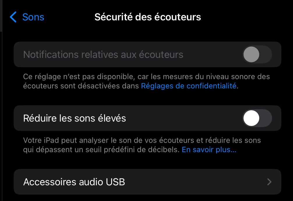 Capture d'écran des paramètres de sécurité pour les casques de l'iPad.