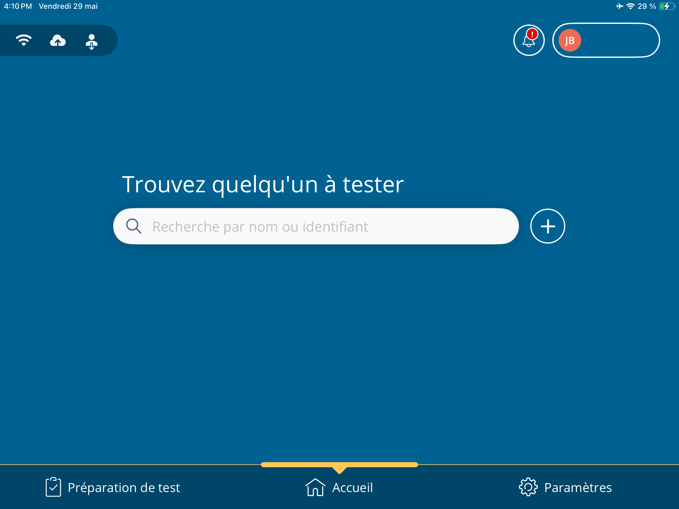 Une capture d'écran de l'écran d'accueil de PureTest avec la taille de texte par défaut.