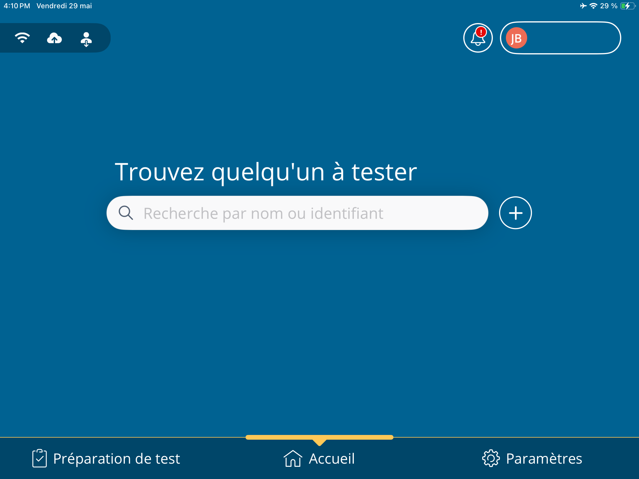 Une capture d'écran de l'écran d'accueil de PureTest avec la taille de texte par défaut.
