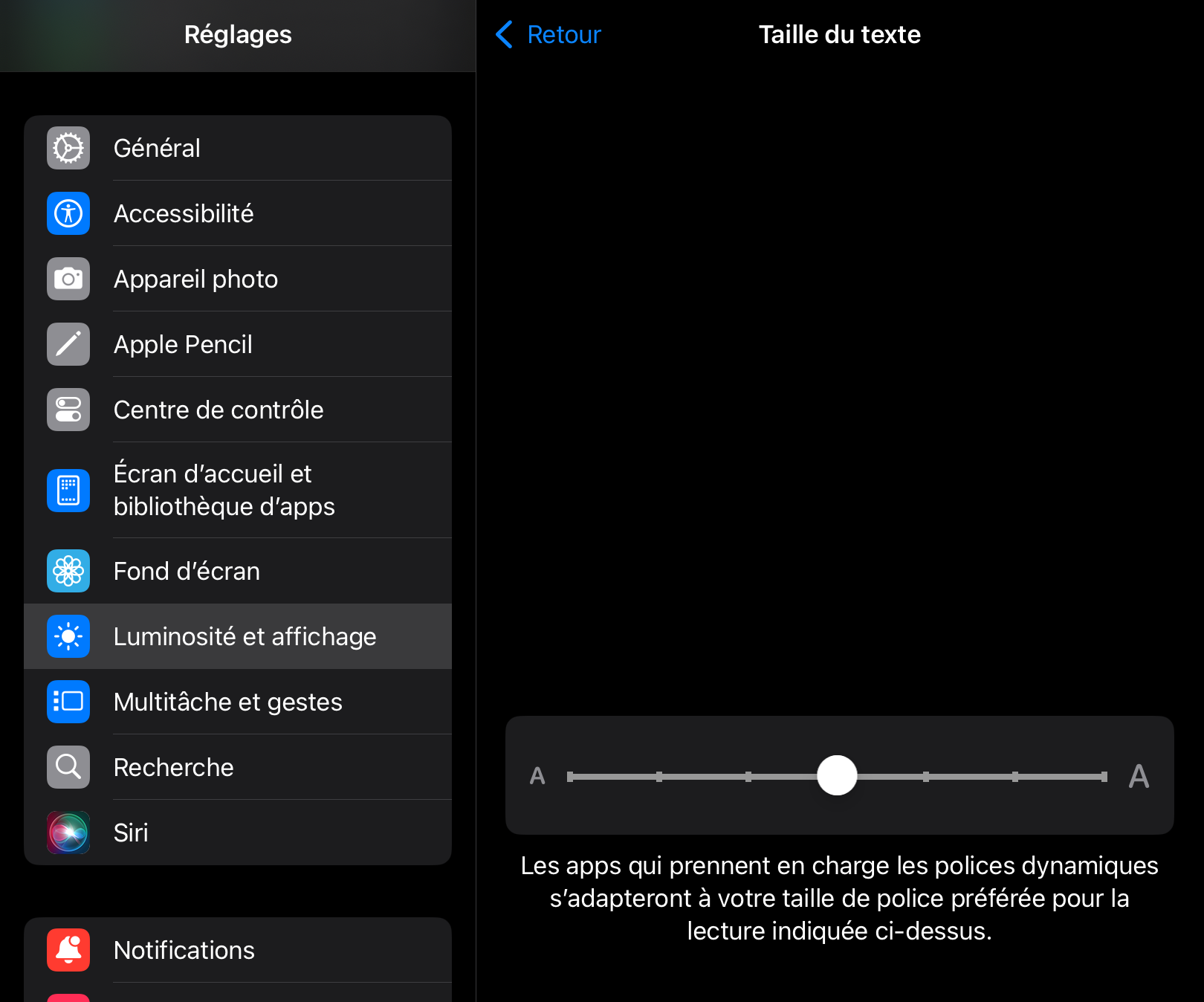 Une capture d'écran des paramètres de taille du texte de l'iPad.