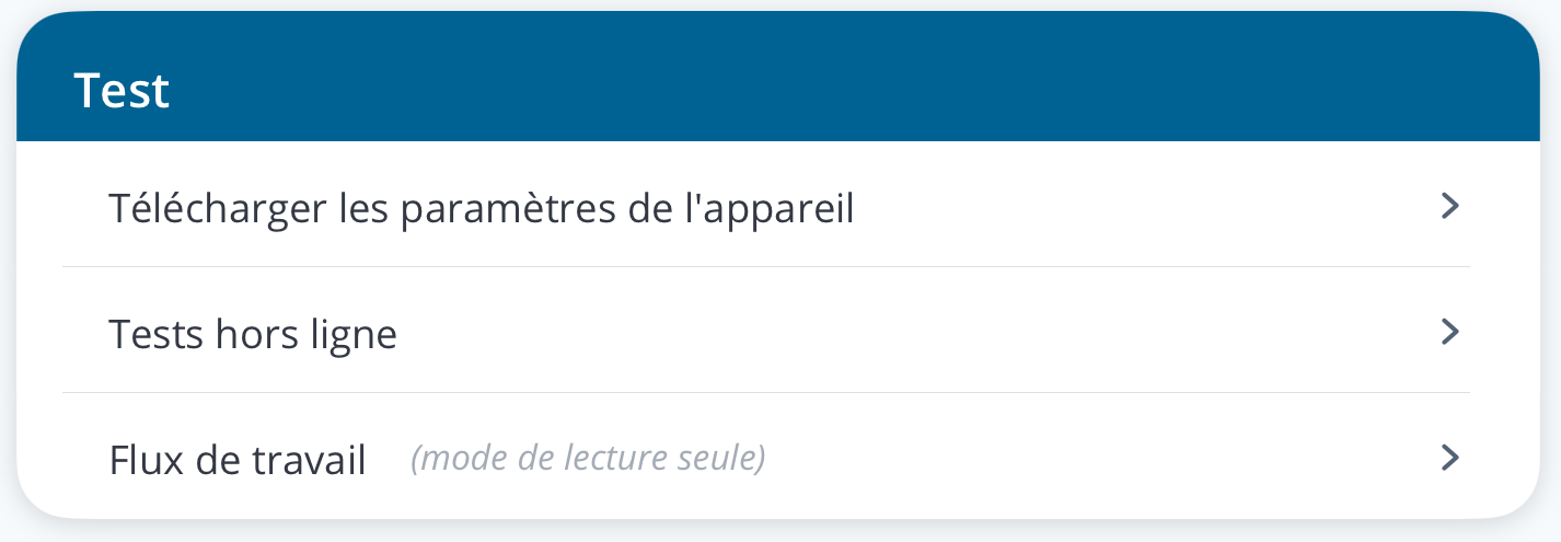 Une capture d'écran des options du menu sous la rubrique « Tests ».