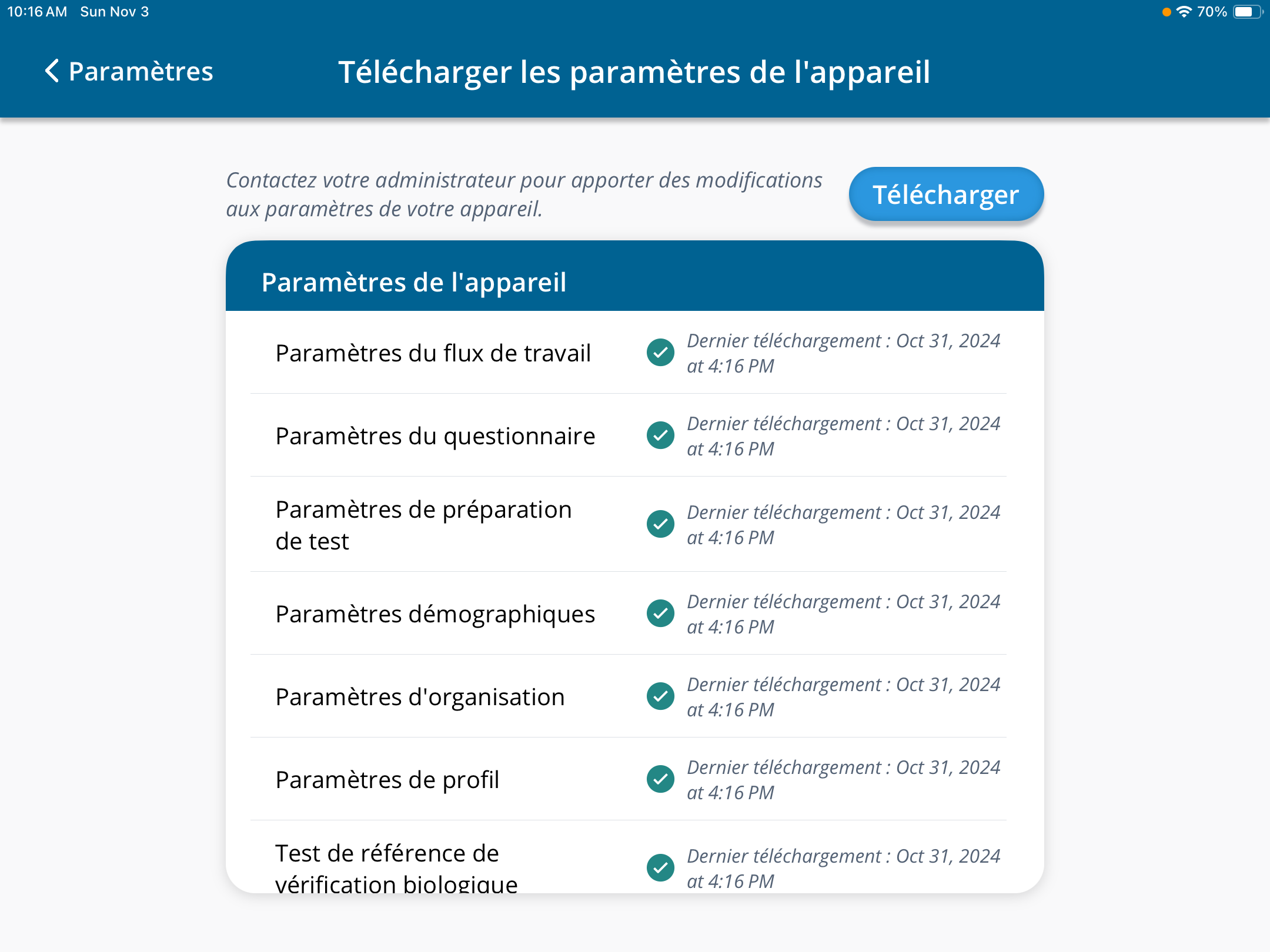 Une capture d'écran de l'écran « Télécharger les paramètres de l'appareil » après la synchronisation avec le portail.