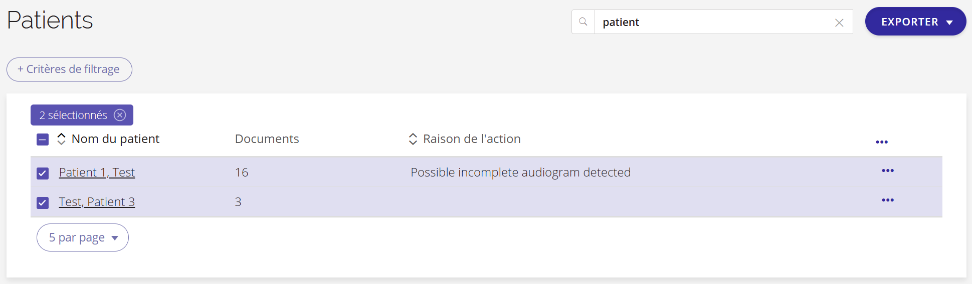 Capture d'écran de la liste des patients avec deux dossiers de patients sélectionnés.
