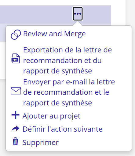 Capture d'écran des options disponibles dans le menu des patients.