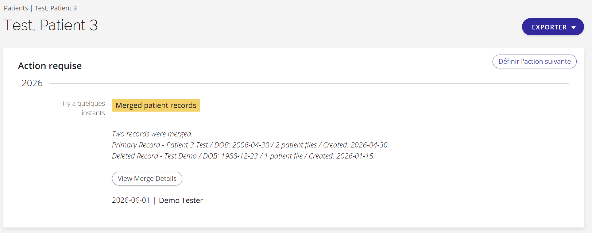 Capture d'écran du dossier du patient affichant l'historique des actions après une fusion réussie.