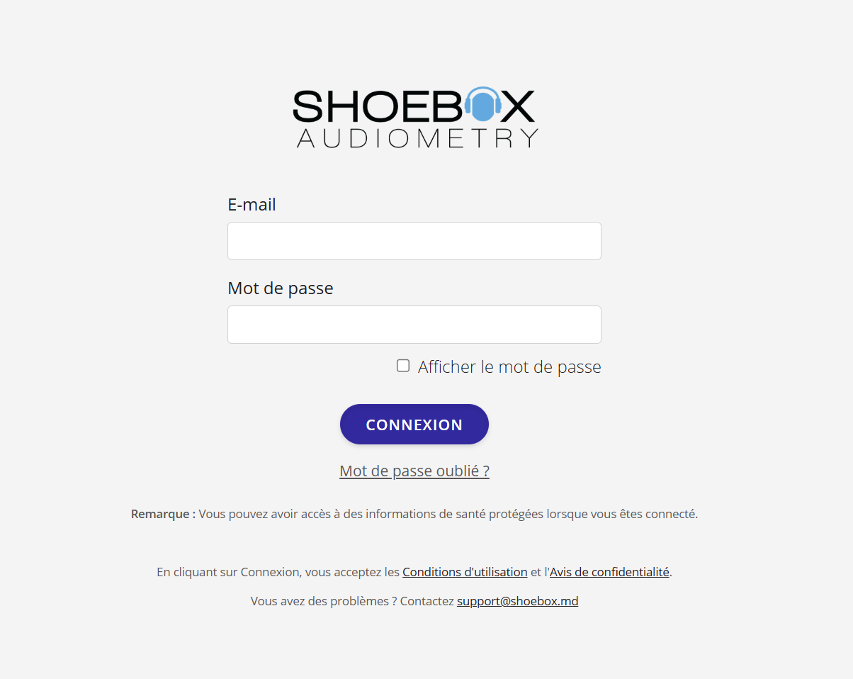 Une capture d'écran de la page de connexion au portail de gestion des données SHOEBOX.