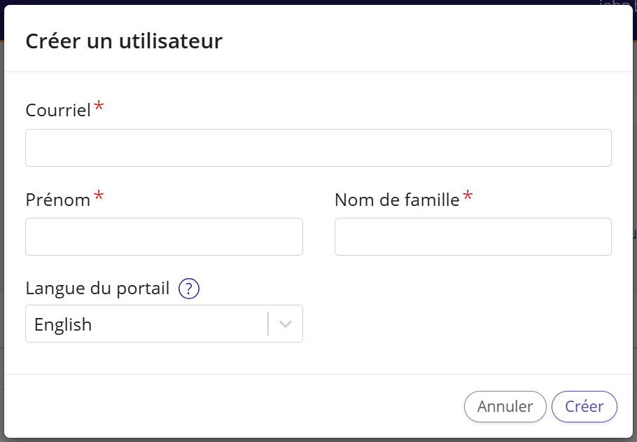 Une capture d'écran de la fenêtre contextuelle qui s'affiche lors de la création d'un nouvel utilisateur.