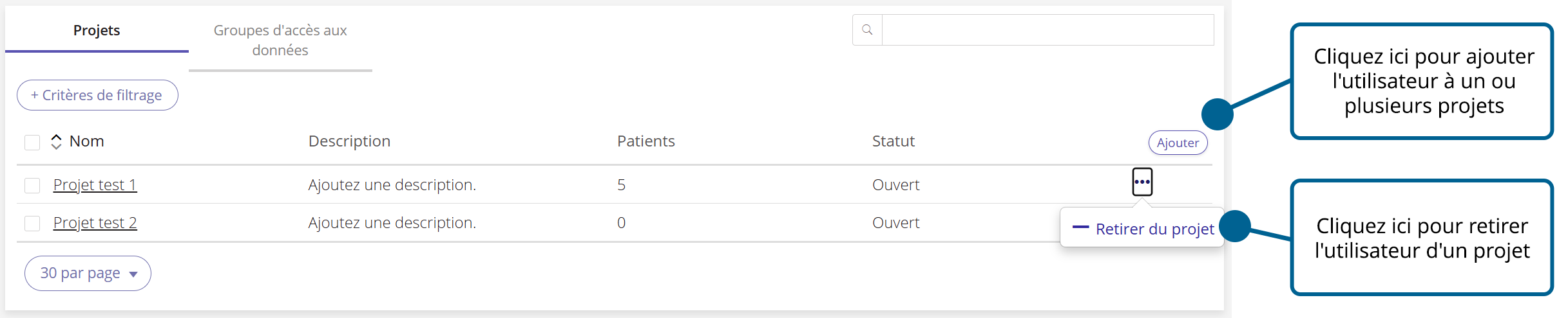 Capture d'écran montrant comment ajouter un utilisateur à un projet et le retirer d'un projet