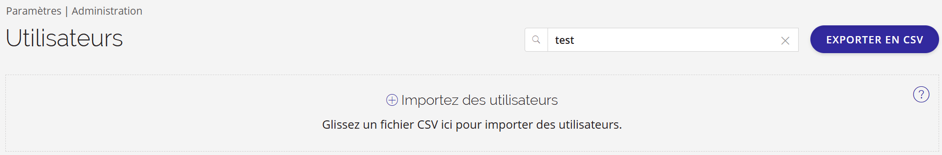 Une capture d'écran de la zone d'importation des utilisateurs sur la page « Utilisateurs ».