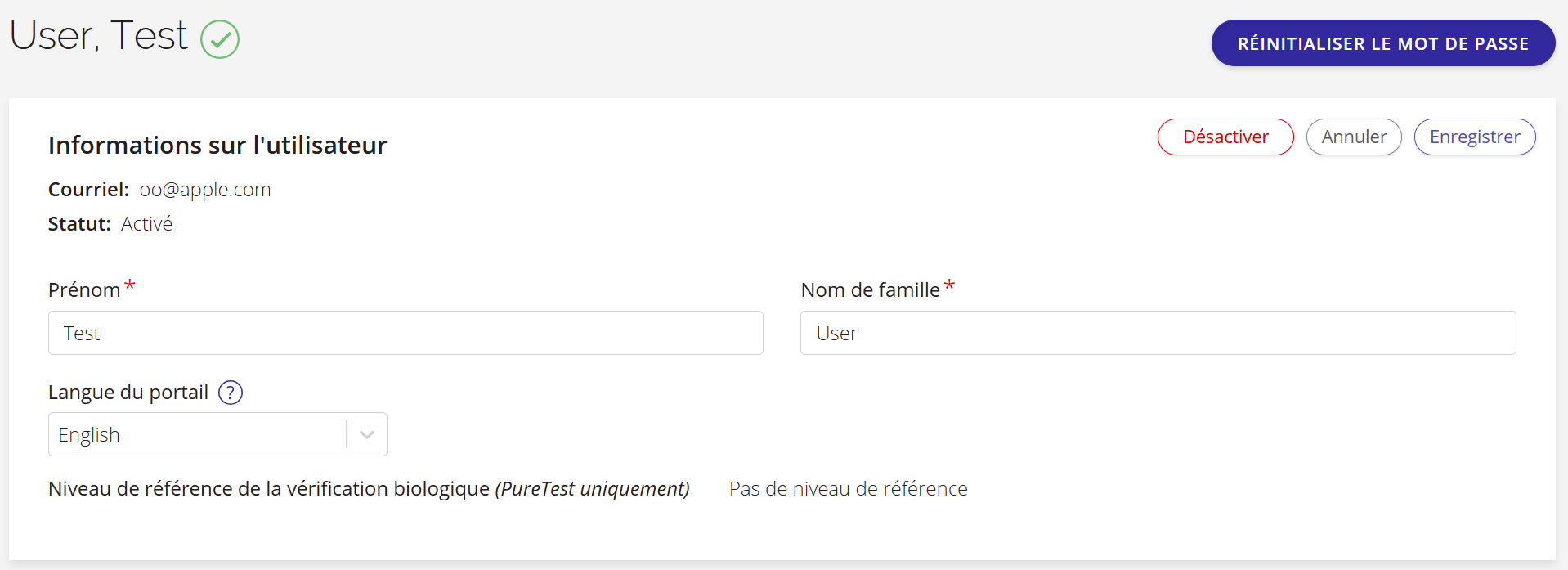 Capture d'écran des options disponibles lors de la modification d'un utilisateur dans le portail de gestion des données. 