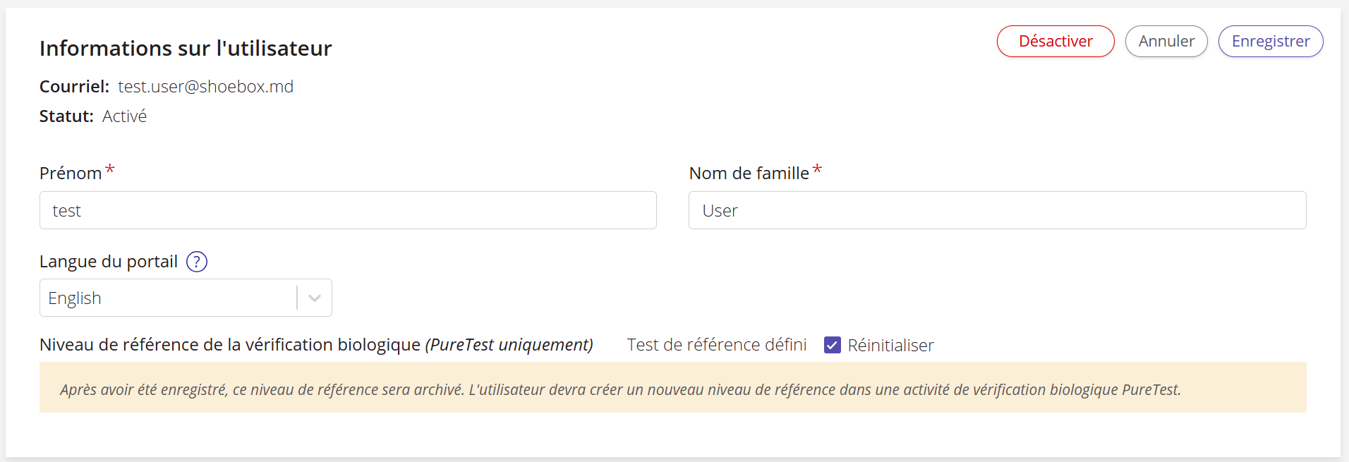Capture d'écran de l'option de réinitialisation des données de référence d'un utilisateur.