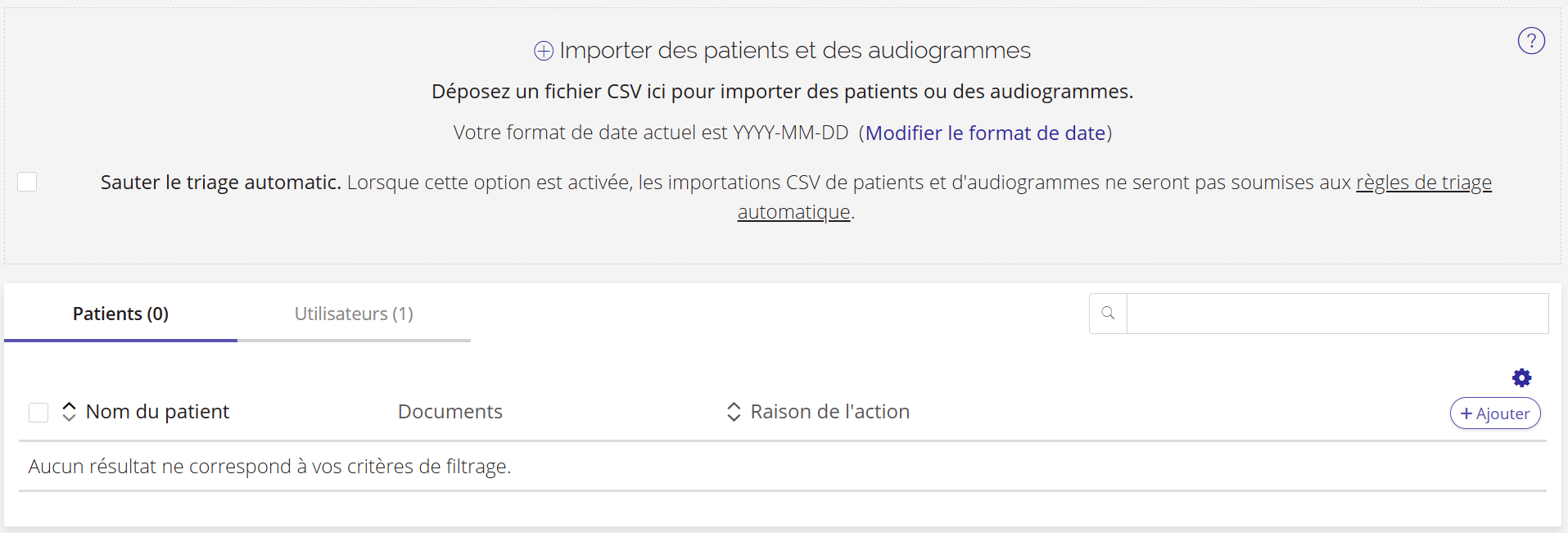Une capture d'écran de la fenêtre d'importation des patients et des audiogrammes.