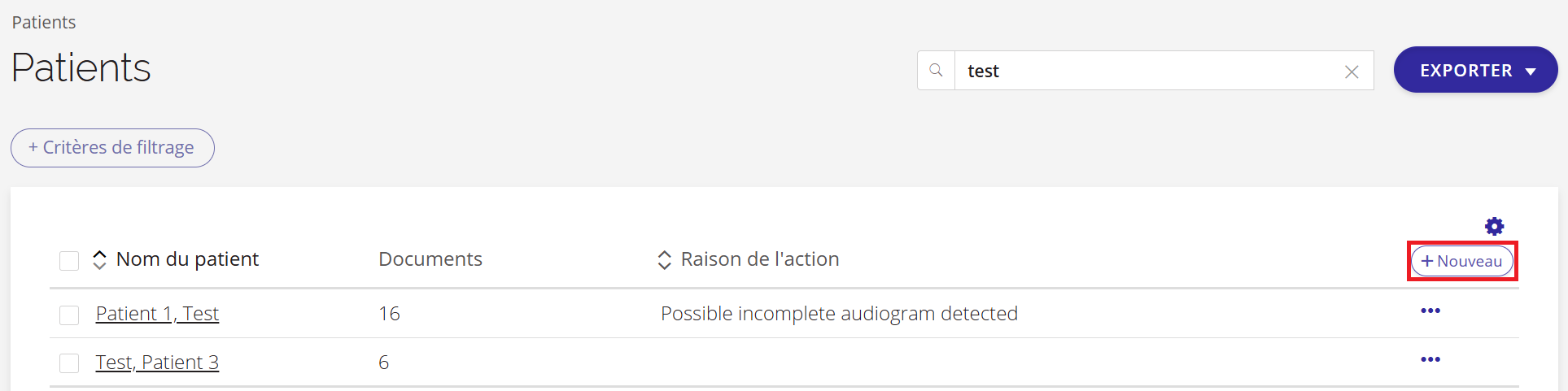 Une capture d'écran de la page « Patients » avec le bouton « Nouveau » mis en évidence.