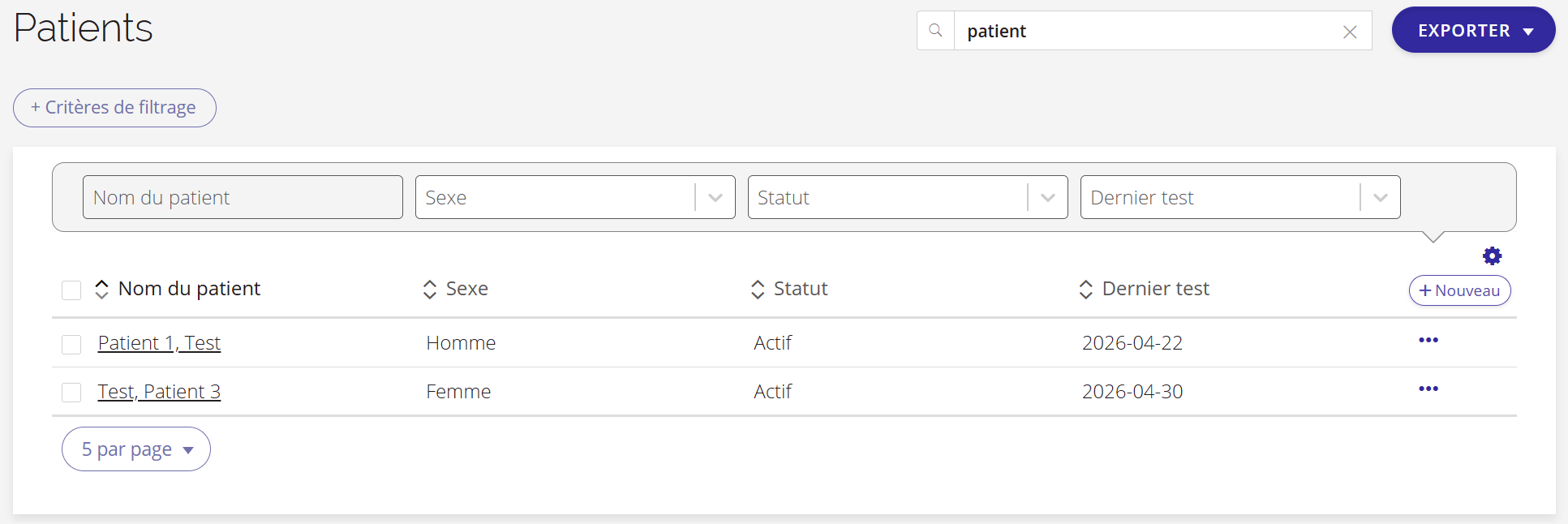 Une capture d'écran de la liste des patients avec les options des colonnes affichées.