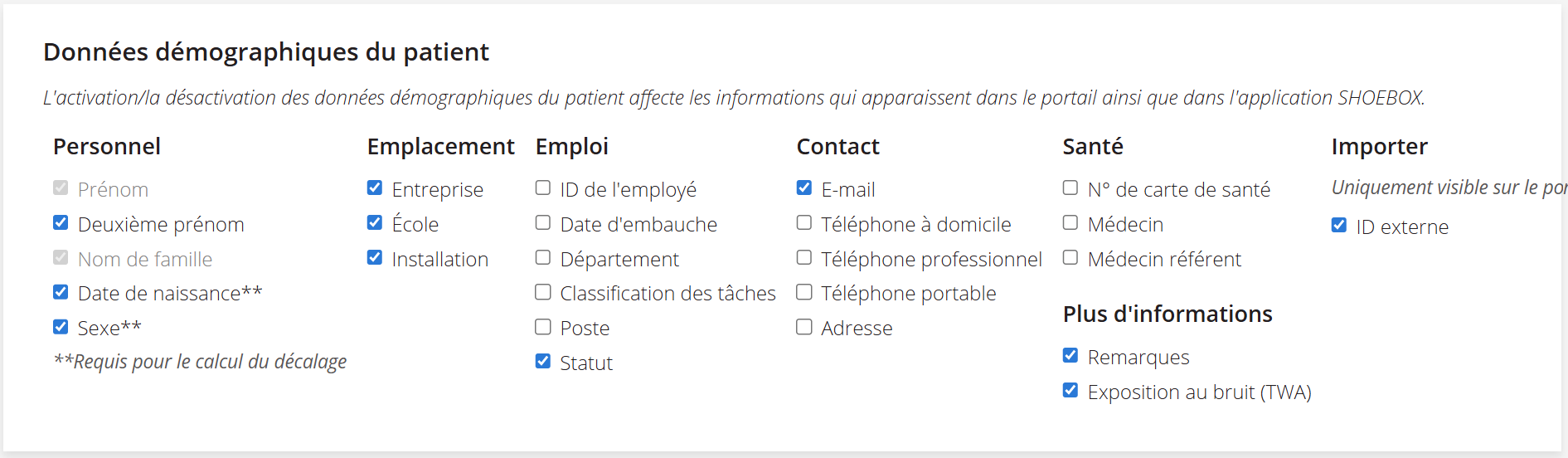 Une capture d'écran des options disponibles pour afficher les renseignements démographiques dans le dossier d'un patient.