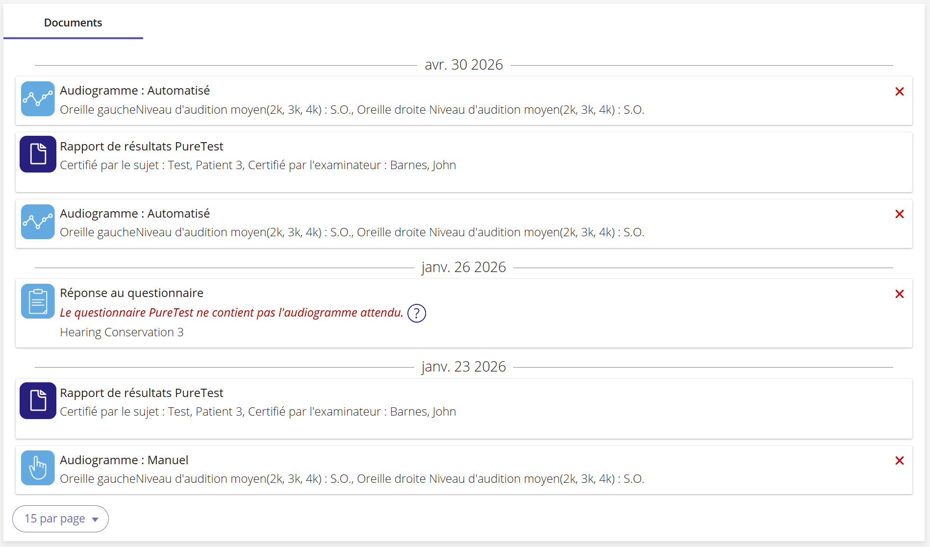 Une capture d'écran de la section « Documents » sur la page d'un patient.