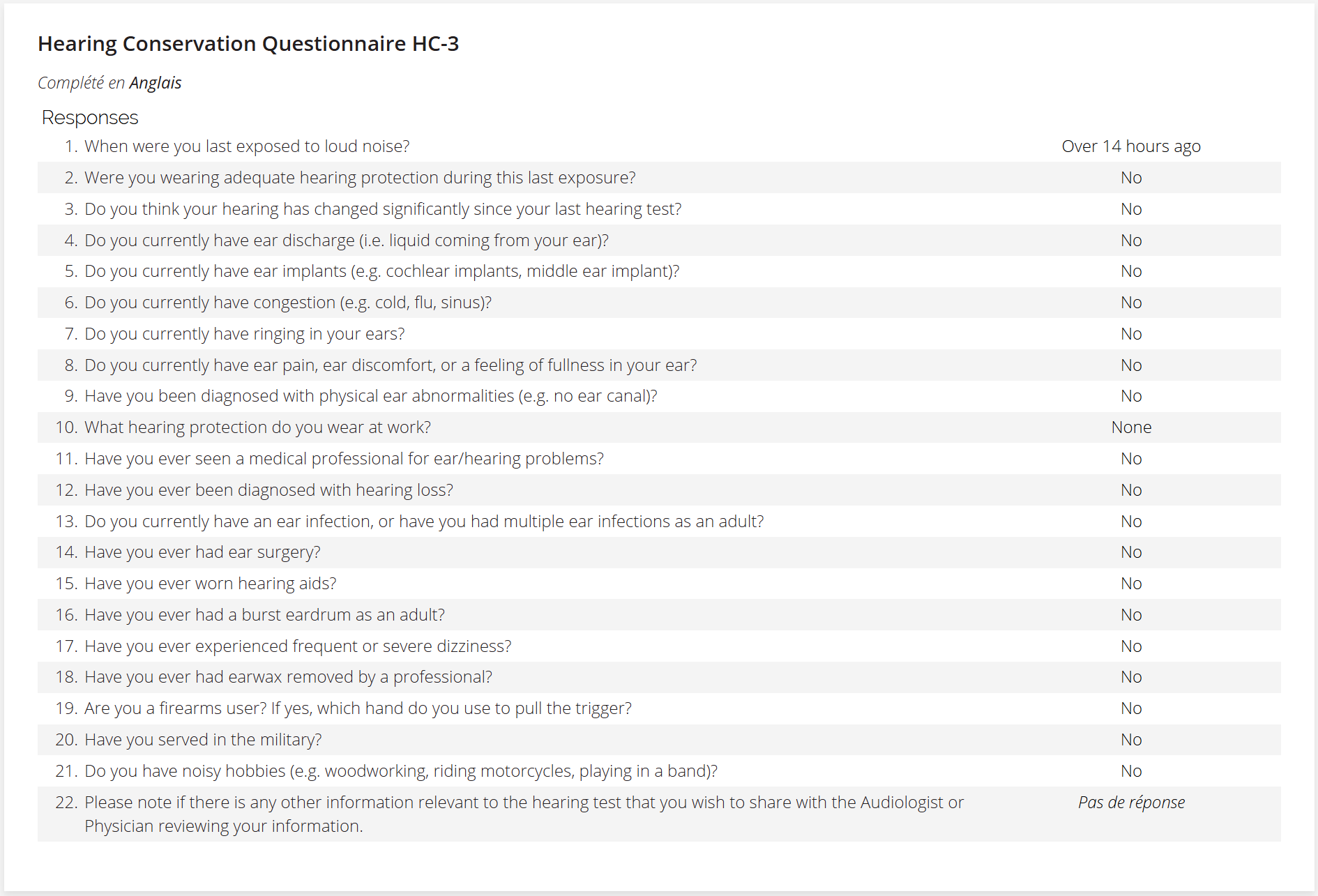 Une capture d'écran de la section « Questionnaire » sur la page d'un patient.