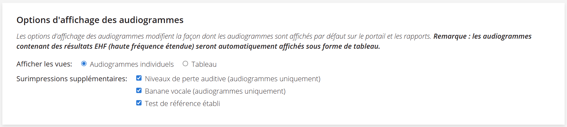 Une capture d'écran des options d'affichage de l'audiogramme sur la page « Dossiers des patients ».