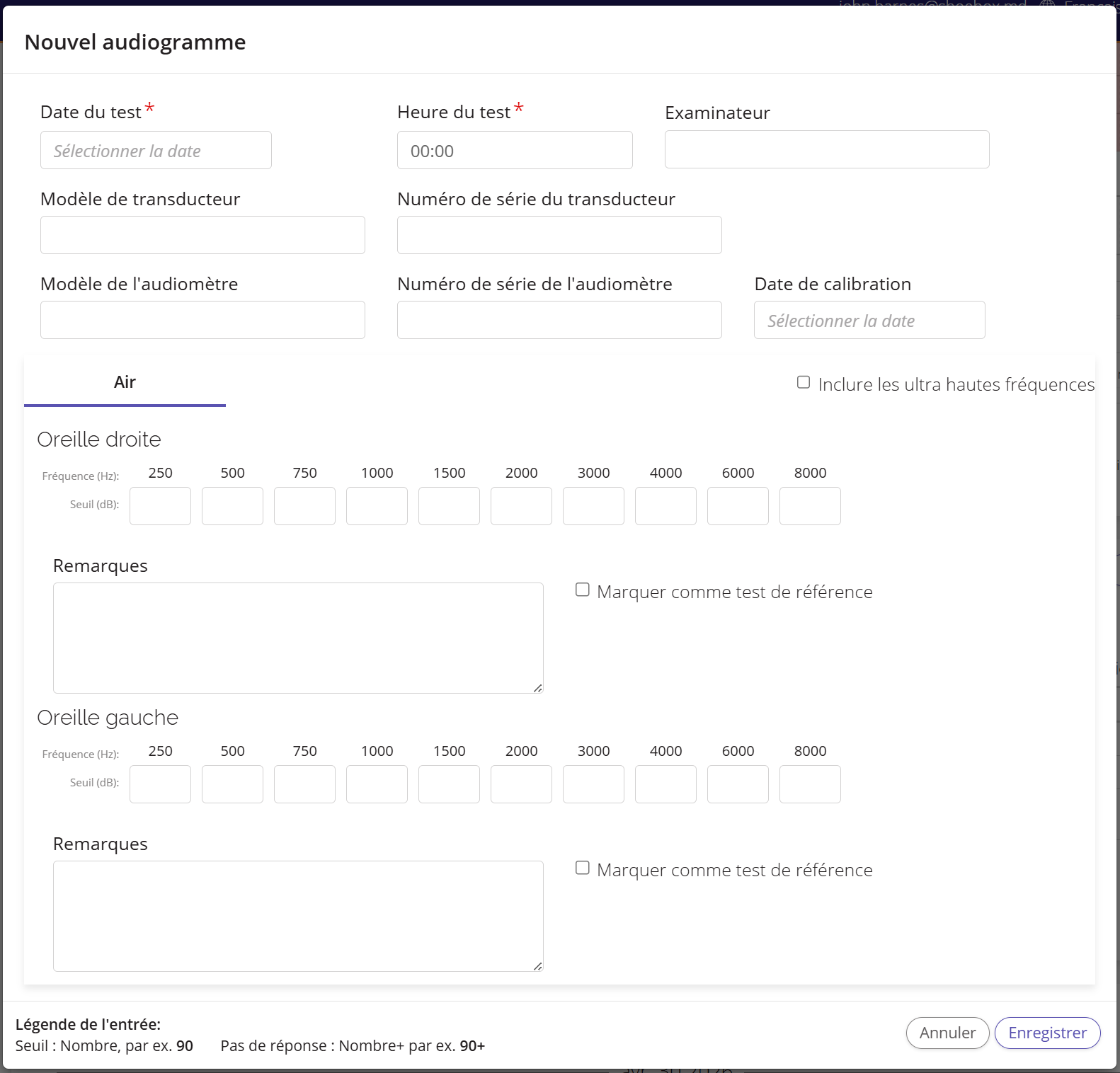 Une capture d'écran de la fenêtre contextuelle « Nouvel audiogramme ».