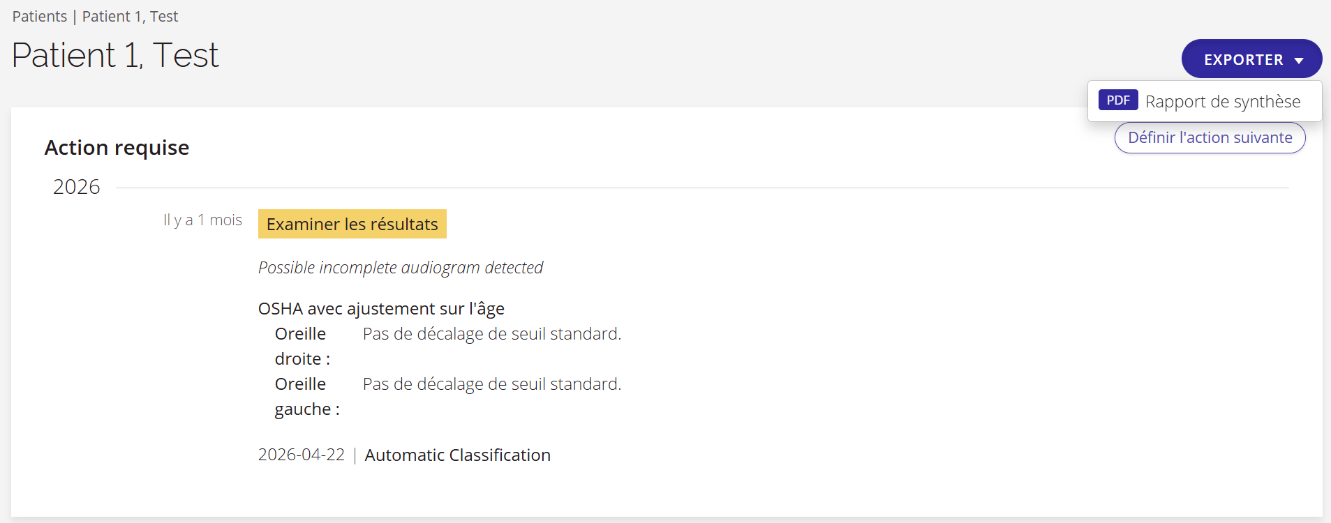 Une capture d'écran des options du bouton « Exporter » sur la page d'un patient.