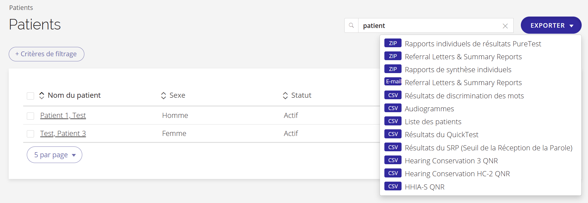 Une capture d'écran des options du bouton « Exporter » sur la page « Patients ».
