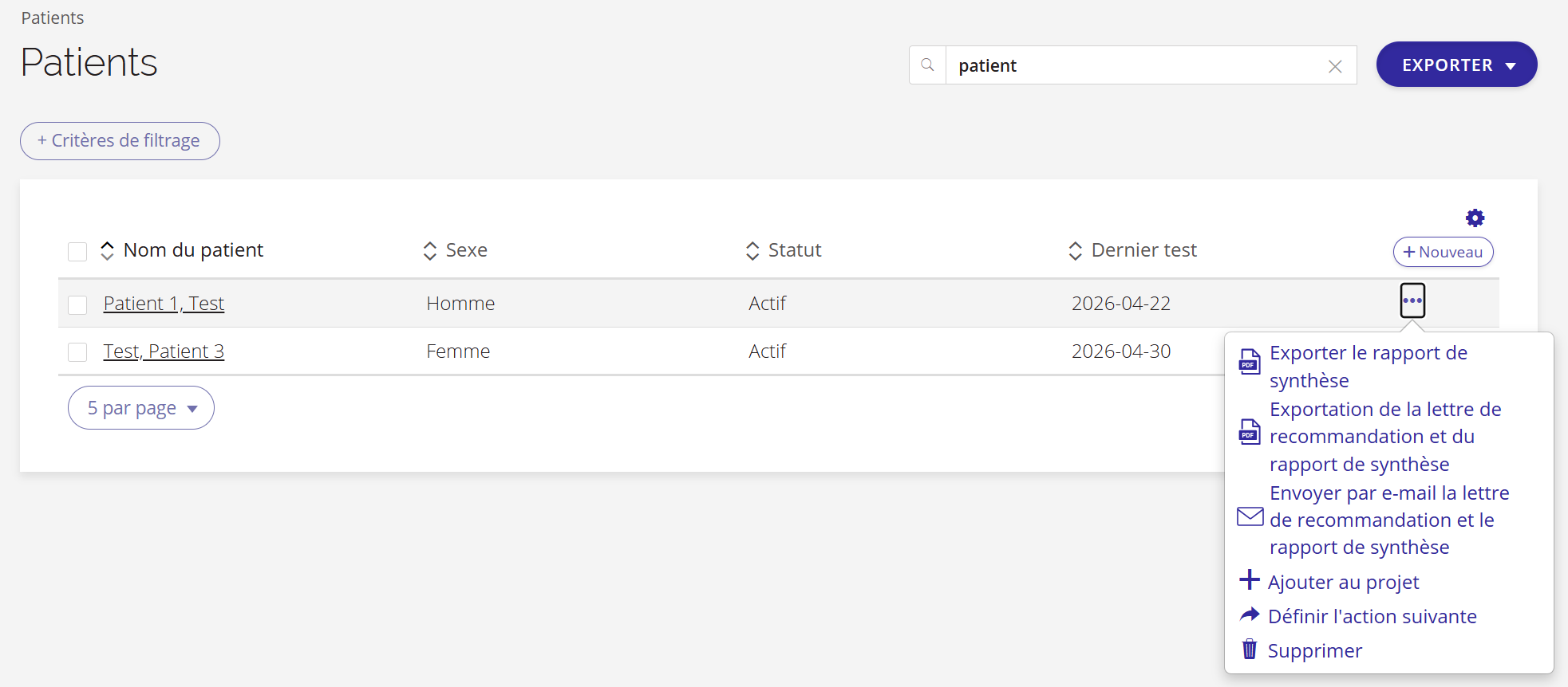 Une capture d'écran des options d'exportation disponibles dans le menu à trois points de la page « Patients ».