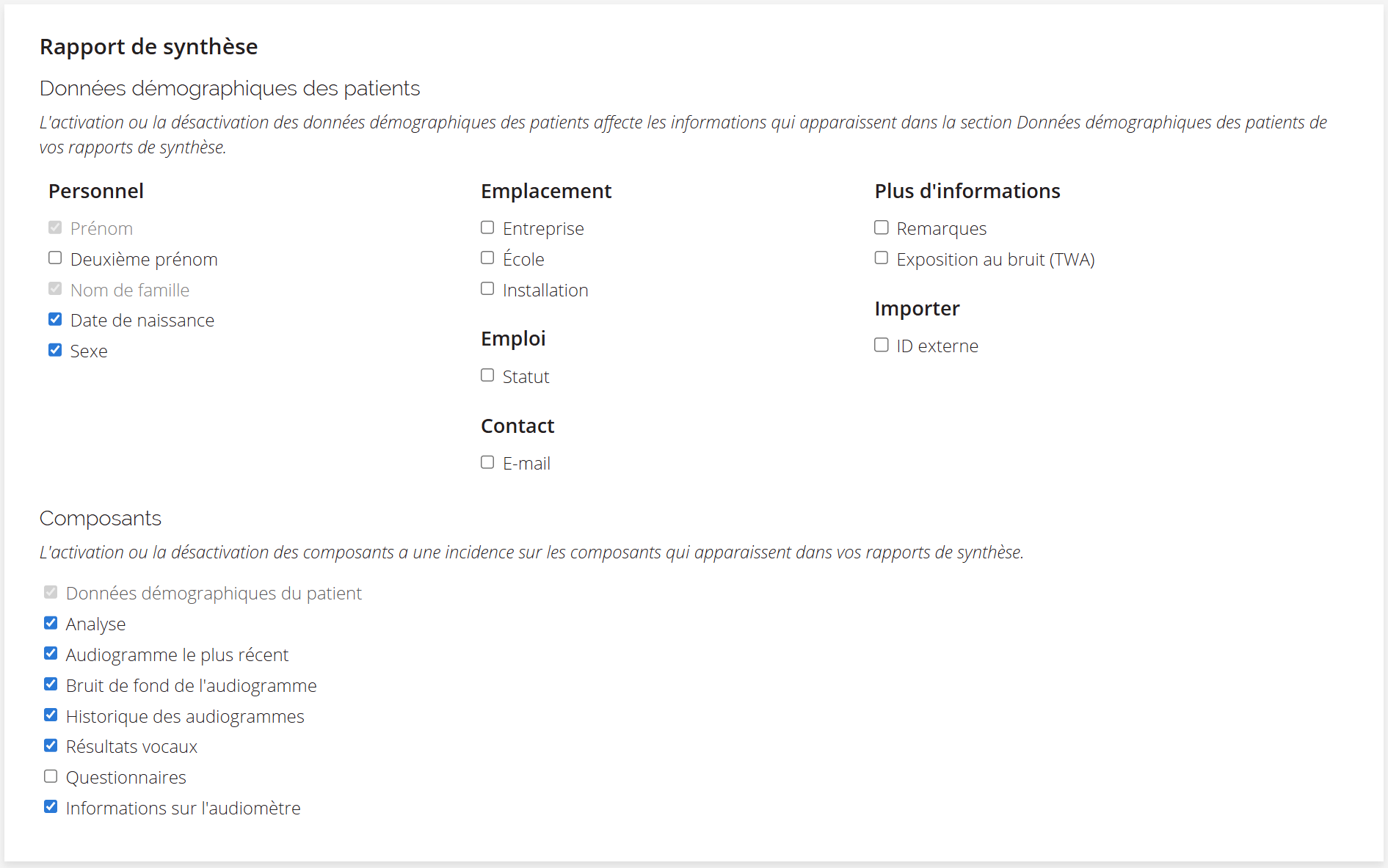 Capture d'écran des options pouvant être sélectionnées pour être incluses dans un rapport récapitulatif.