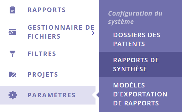 Une capture d'écran du menu du portail avec les rapports récapitulatifs sélectionnés.