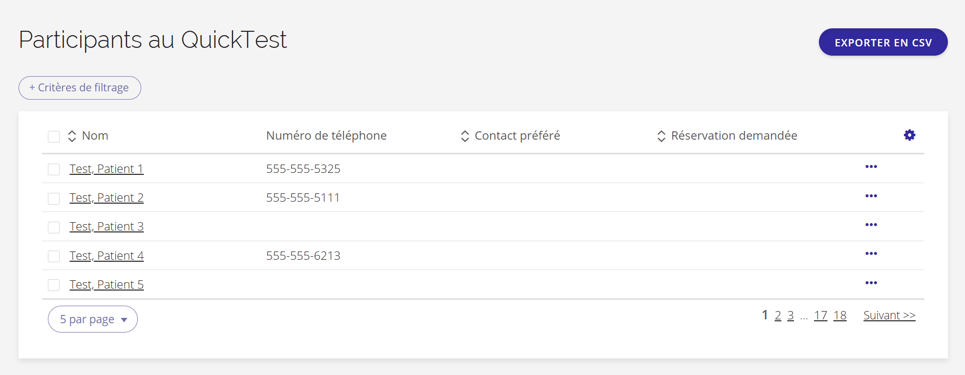 Une capture d'écran de la liste des participants pour QuickTest.
