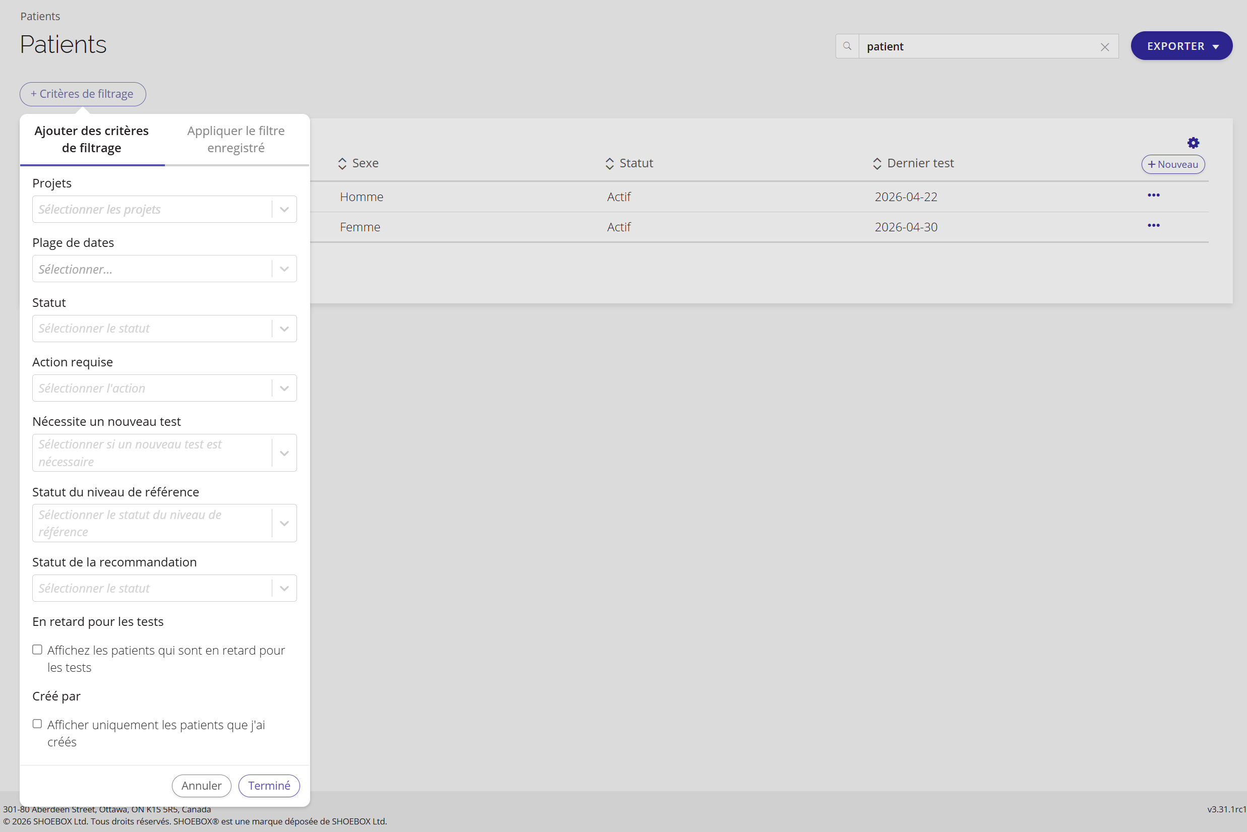 Une capture d'écran des options de filtrage disponibles sur la page « Patients ».