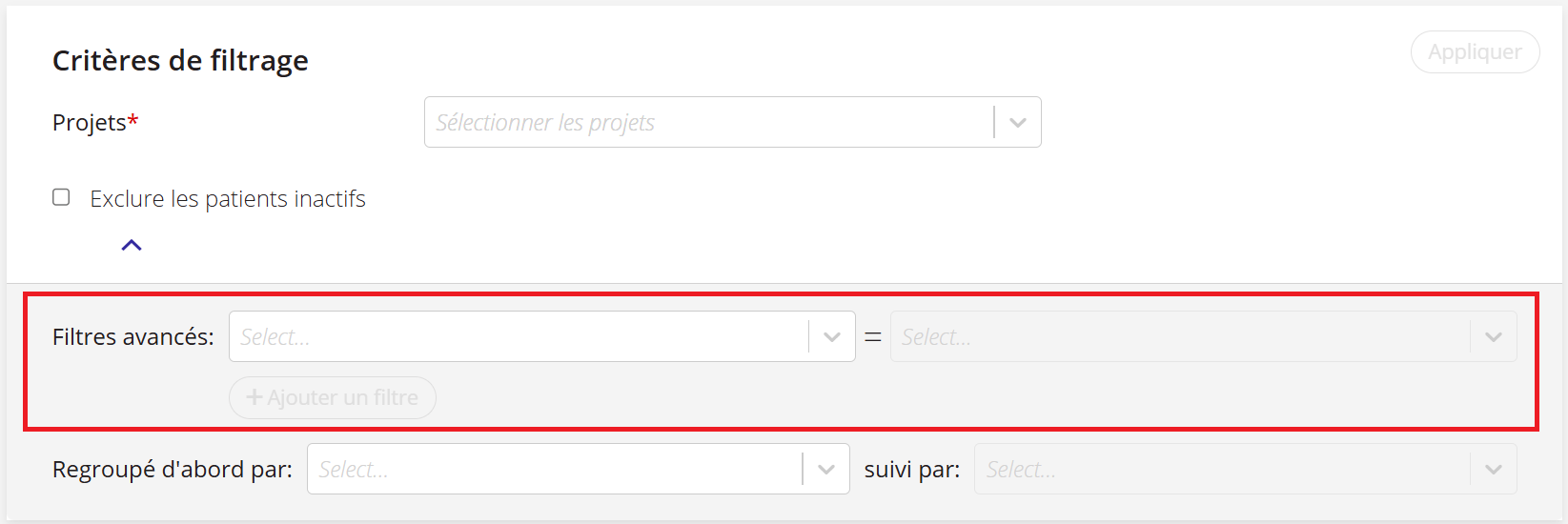 Une capture d'écran de la section « Filtres avancés » lors de la création d'un rapport.