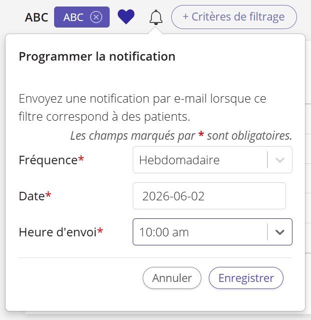 Une capture d'écran de la fenêtre contextuelle « Notification d'horaire » qui s'affiche lorsque l'on clique sur l'icône en forme de cloche.