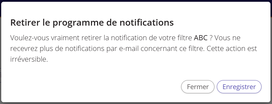 Une capture d'écran de la fenêtre contextuelle qui s'affiche lors de la suppression d'une planification de notification.