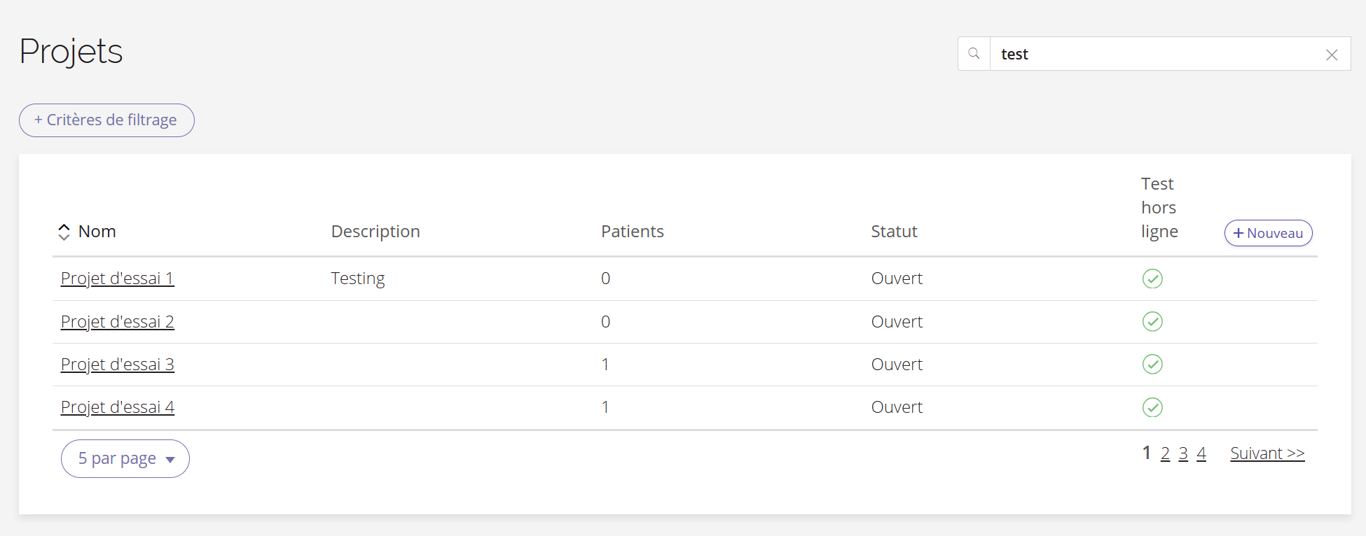 Une capture d'écran de la page « Projets » du Portail de gestion des données.