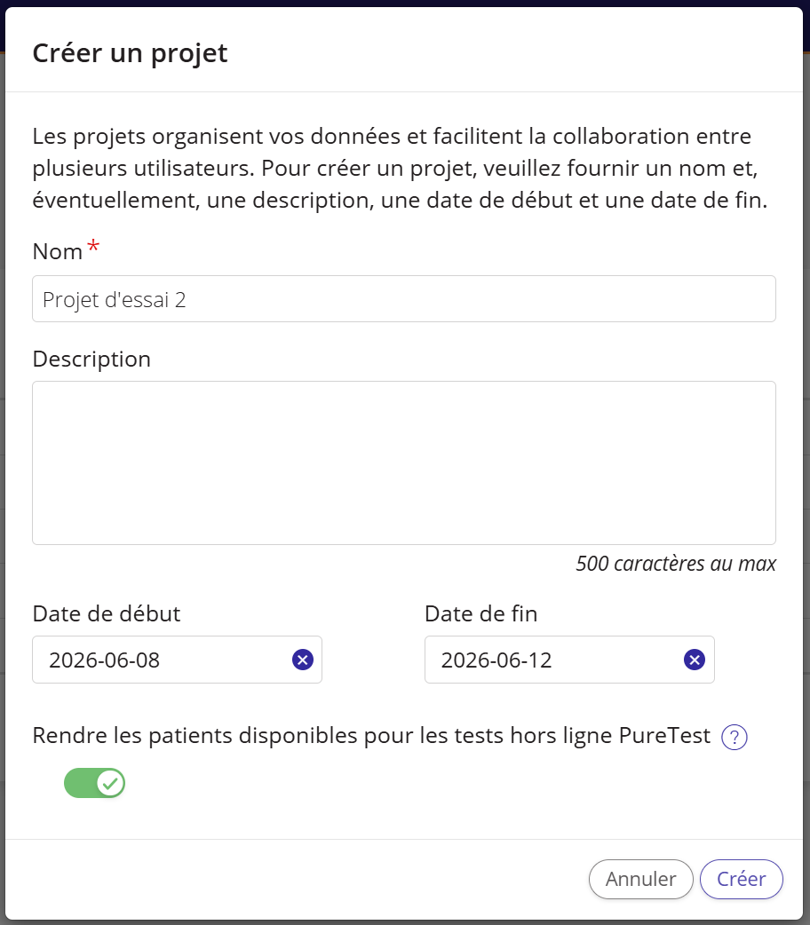 Une capture d'écran de l'assistant de création de projet.