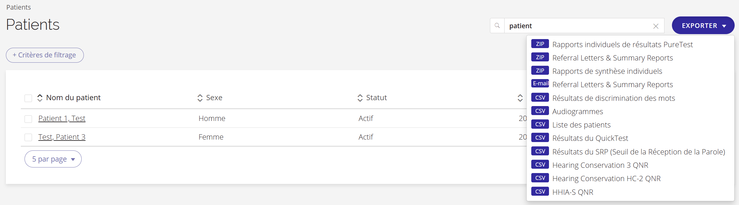 Une capture d'écran du menu d'exportation de la page « Patients ».