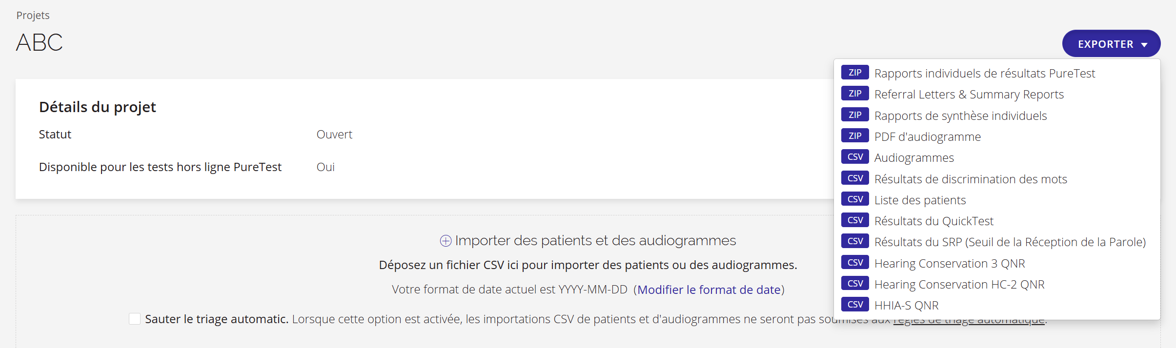 Une capture d'écran du menu d'exportation de la page d'un projet.