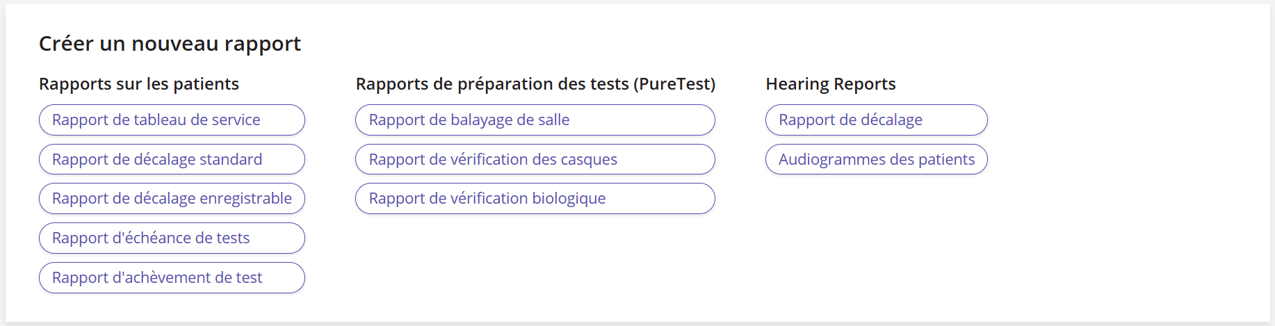 Une capture d'écran de la section de sélection des rapports.