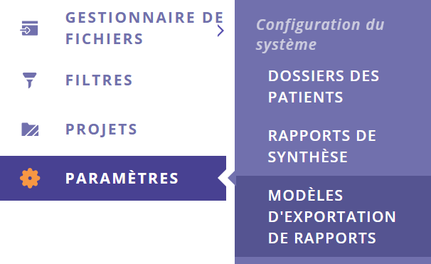 Une capture d'écran du menu du portail avec l'option « Modèles d'exportation de rapports » sélectionnée.