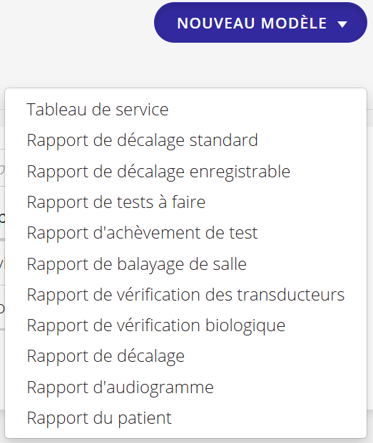 Une capture d'écran présentant les rapports pouvant être sélectionnés lors de la création d'un modèle d'exportation personnalisé.