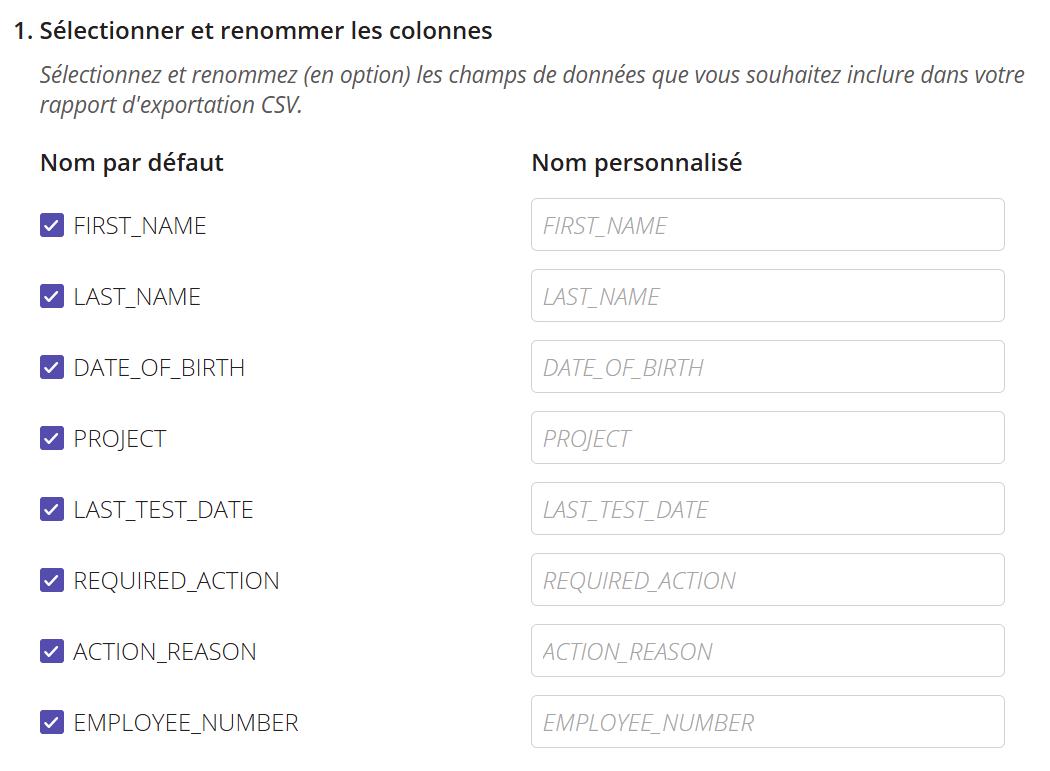 Une capture d'écran présentant les paramètres de personnalisation lors du changement de nom des colonnes par défaut d'un rapport.