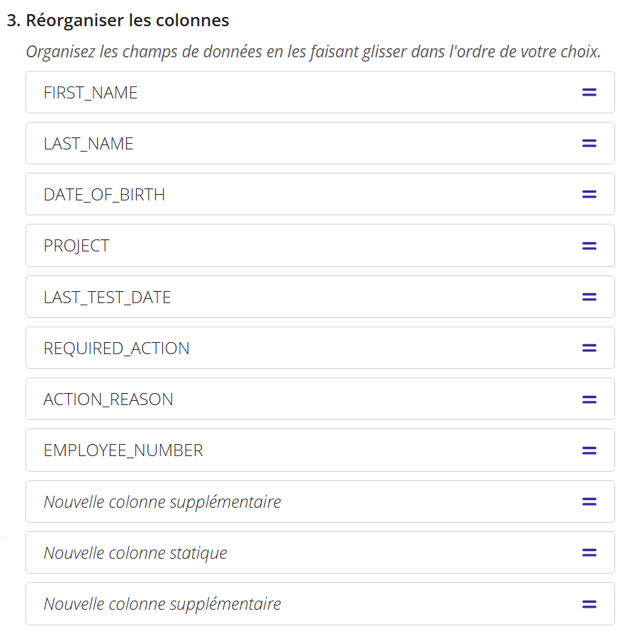 Capture d'écran d'une section d'un modèle d'exportation personnalisé permettant de réorganiser les colonnes.