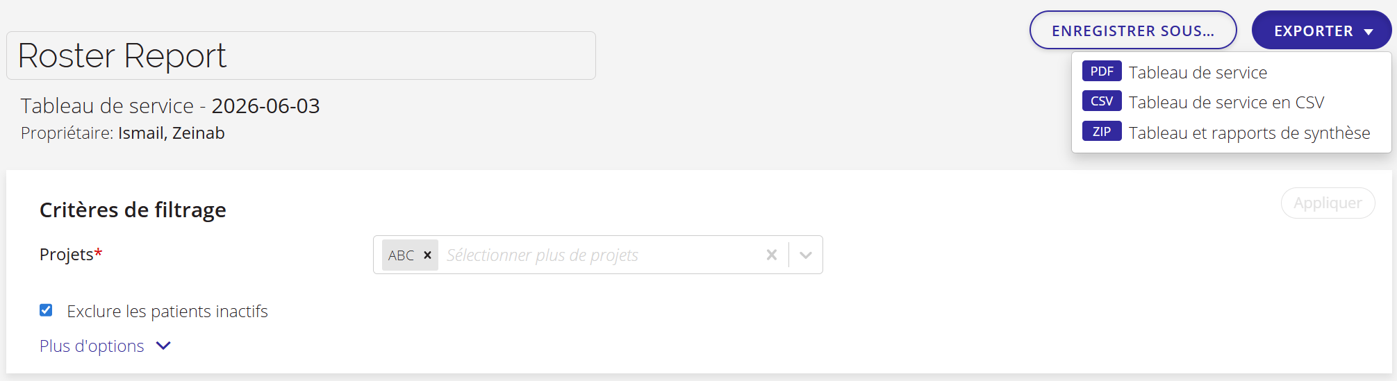 Une capture d'écran présentant les options d'exportation d'un rapport sur la liste des membres.
