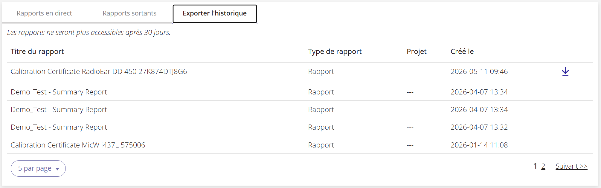Une capture d'écran de la liste de l'historique des exportations.