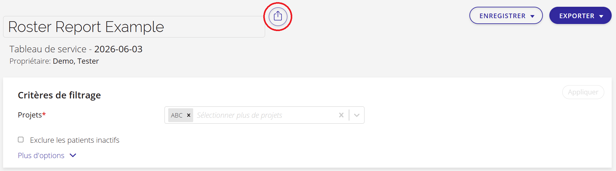 Capture d'écran d'un exemple de rapport où l'icône Partager est mise en évidence.