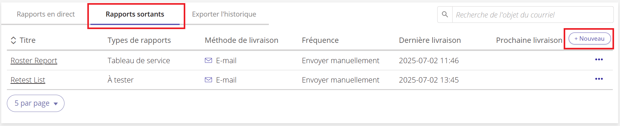 Une capture d'écran de la page « Rapports » avec l'onglet « Rapports sortants » sélectionné.