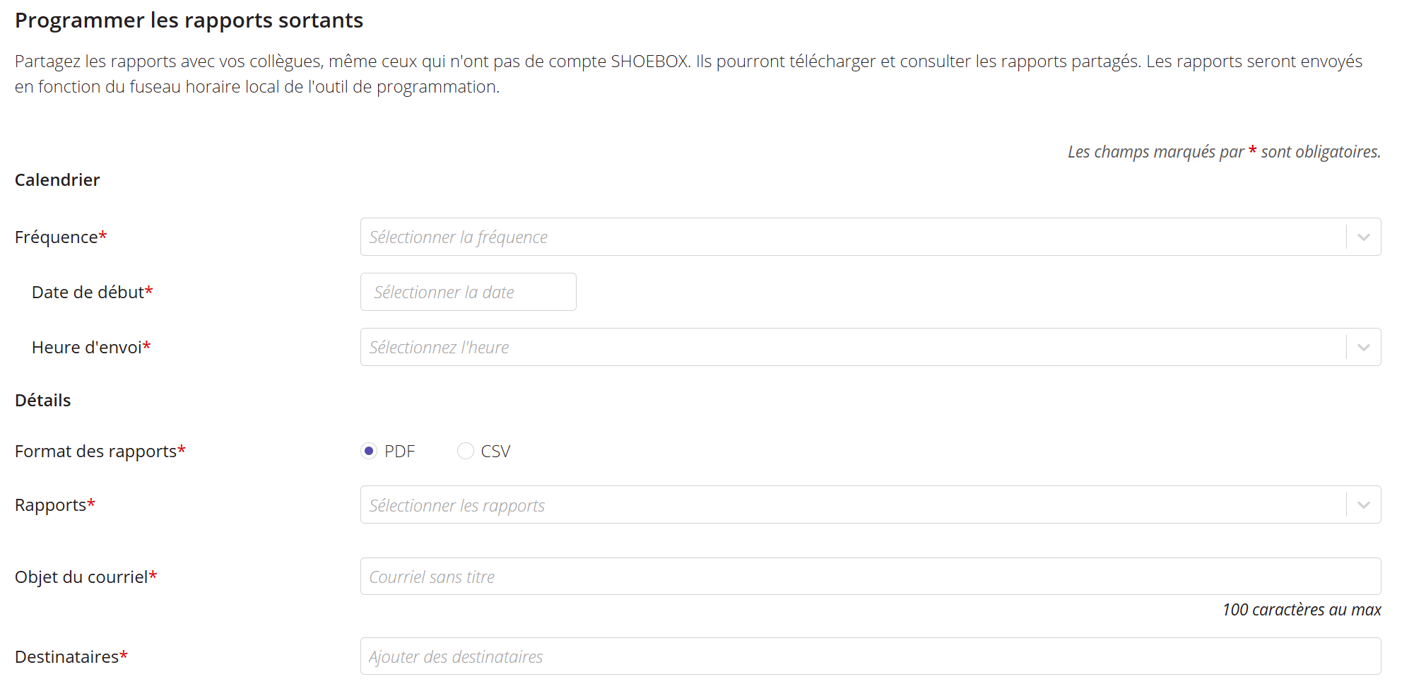 Une capture d'écran de l'assistant de planification des rapports sortants.