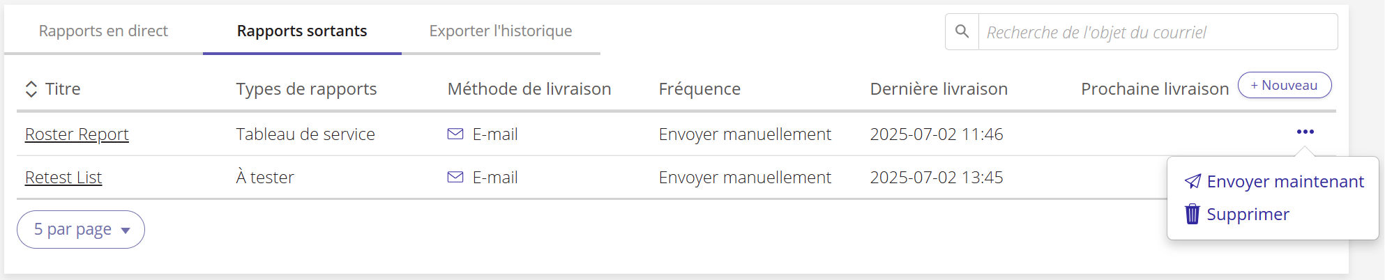 Une capture d'écran de l'onglet « Rapports sortants » affichant une liste de rapports.