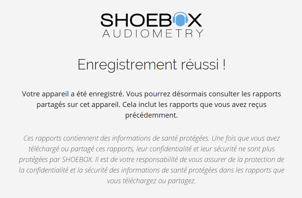 Capture d'écran du message qui s'affiche une fois que l'utilisateur s'est inscrit avec succès.
