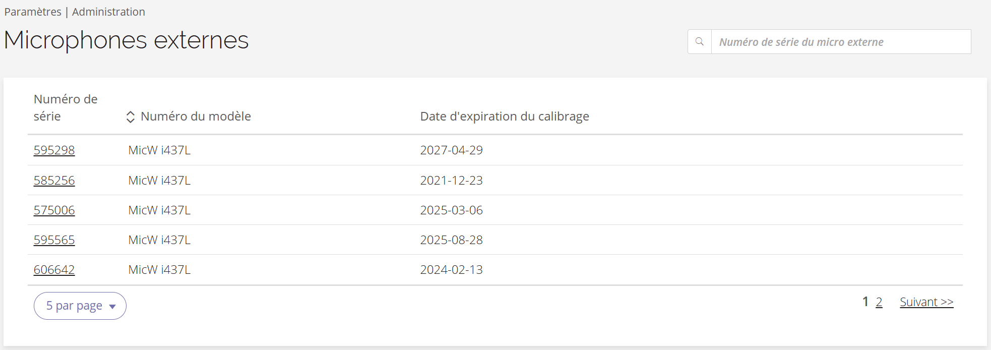 Une capture d'écran de la page « Microphones externes » du Portail de gestion des données.